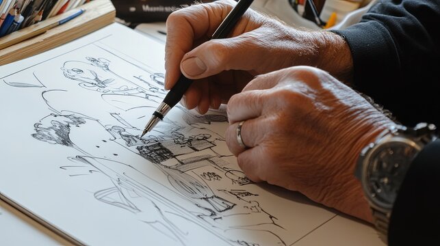 Close-up of an artist's hands sketching an illustration on a notebook page using a fine-tip pen]
