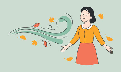 A dreamy young woman standing in the autumn wind with falling leaves swirling around her. Minimalistic flat linear illustration with warm soft tones. A calm, peaceful, and thoughtful atmosphere.