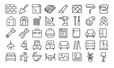 Construction Renovation Line Editable Icon Set, home improvement repair tools, plumbing and electrical fittings, building materials, furniture and decor, garden tools, vector illustration.