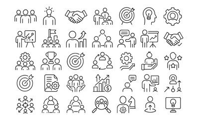 Teamwork Line Editable Icons set collaboration partnership development education management pictograms infographics coaching symbols vector illustration, workplace synergy concept.