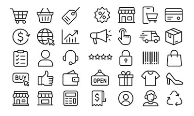 E-commerce line editable icon set for marketing and commerce: coupons, price tags, barcode scanning, shopping cart, online store interface, delivery tracking. Vector illustration.