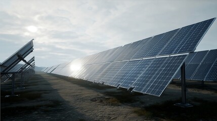 field of solar panels surrounded by grassland - clean energy landscape, renewable power generation, eco technology, sustainable infrastructure