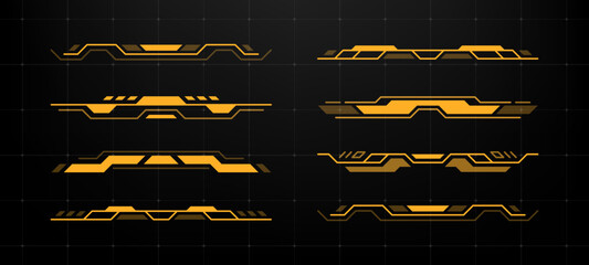 Futuristic yellow HUD banners and frames collection for game interface, data display, and augmented reality technology concept.