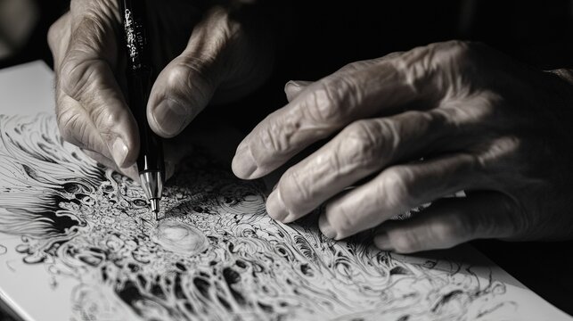 Close-up of an artist's hands sketching an illustration on a notebook page using a fine-tip pen]