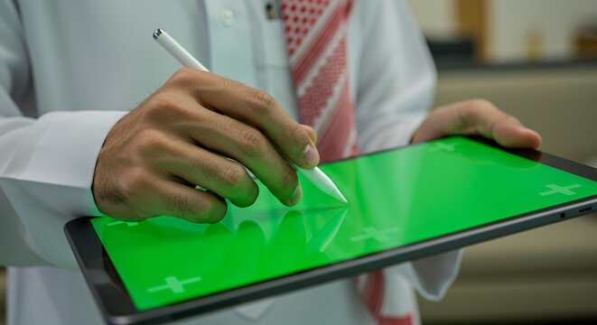 Arab Man Uses Stylus on Green Screen Tablet
