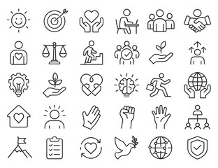 Core Values Line Editable Icons Set, vector illustration in modern thin style, happiness, leadership, community, success, loyalty, spirituality, character traits, ethics, mobile app icons.