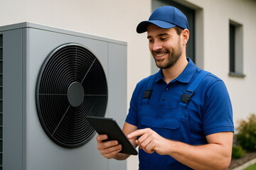 Technician performing maintenance on air conditioning unit using tablet in residential setting