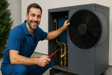 Technician performs maintenance on a residential air conditioning unit outdoors during daytime