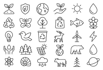 Environment Line Editable Icons Set, thin line style vector illustration of nature, wildlife, recycling, forest, ecosystem, renewable energy, conservation, green earth, sustainability.