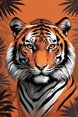 Stylized vector illustration of a tiger in burnt orange and jet black, jungle mist background, top-lit and symmetric composition