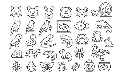 Pets line editable icons set, domestic animals, cat, dog, chameleon, parrot, rabbit, insect, turtle, snake, aquarium, cute species, rodent, exotic mammal, vector illustration, symbols.