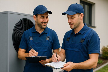 Two technicians discussing maintenance details near a modern HVAC system at a residential property in daytime