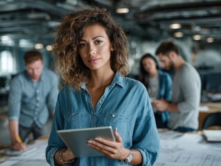 Confident Leader at the Office: A poised woman, illuminated in a contemporary office, exudes quiet strength while her team collaborates in the background.