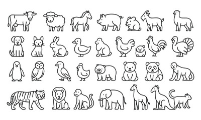 Animals line editable icons set with wild, domestic, pet, sea and farm creatures, thin line symbols of panda, tiger, whale, giraffe, owl, crocodile, parrot. Vector illustration.