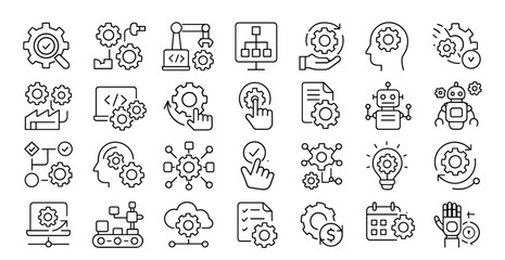 Business Automation Line Editable Icons Set, robotic integration, AI support, strategy, workflow, finance, optimization, productivity, transparency, vector illustration, digital process icons.