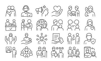 Relationships Line Editable Icons Set, thin symbol of community, trust, empathy, teamwork, caregiving, partnership, social help, pictogram, vector illustration, humanitarian, charity, kindness.