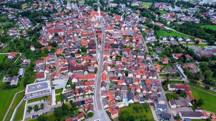 A panorama aerial view around the old town of the city Höchstädt an der Donau 89420 in Germany on a sunny spring morning
