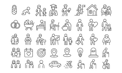 Life Journey Line Editable Icons Set, vector illustration in modern thin line style, life stages, embryo, childhood, school, friendship, love, marriage, parenting, elderly, grief, funeral, lifestyle.