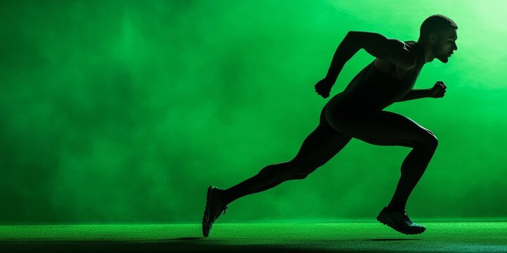 The energetic silhouette of a sprinter leaps into action under the vibrant green light, poised for victory on an open track and field.