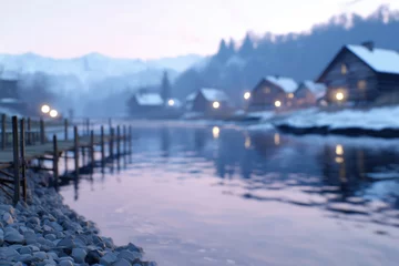 Fotobehang Beautiful winter landscape with wooden houses on the shore of the lake © Evgeny