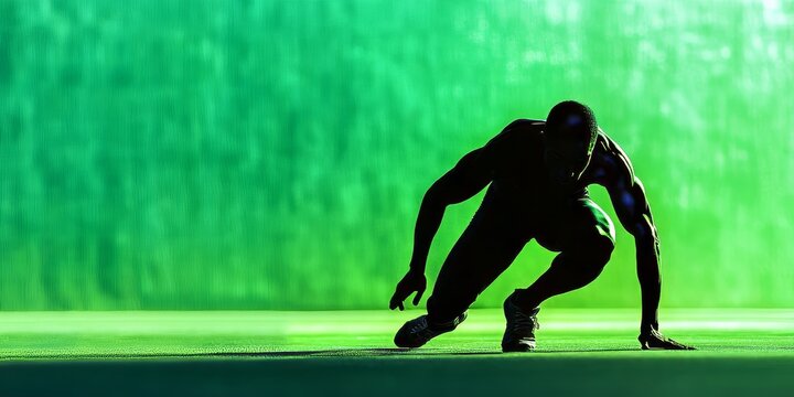 The athlete in a poised sprinter stance on the track and field, ready to burst into motion under the glowing green light of the starting stadium.