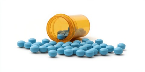 Scattered blue and yellow tablets next to an open yellow pill container against a white background convey treatment options.