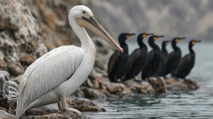 Pelican Perched on Rock with Cormorants in Coastal Scene