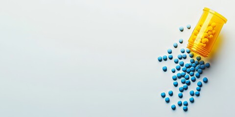 A bright yellow pill bottle lies on its side against a stark white background, spilling blue pills that symbolize treatment and healthcare.