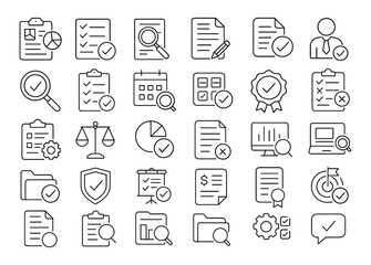 Audit Line Editable Icons Set, thin stroke inspection symbol, document check, checklist verification, tax review, compliance analysis, business risk control, vector illustration, finance report.
