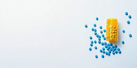 Blue and yellow pills spill from a medicine bottle against a clean white background, suggesting pharmaceuticals for medical treatment featuring capsules elements creating an impressive visual impact.