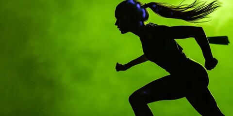Athletic woman runs powerfully in an action shot, set against a vibrant green screen with studio lighting enhancing movement.