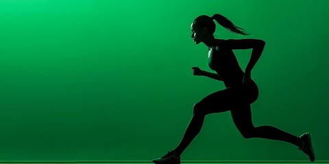 Sprinter in athletic pose on green screen, illuminated beautifully by studio lighting to highlight her speed and agility.