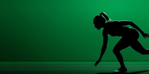 Athletic woman runs powerfully in an action shot, set against a vibrant green screen with studio lighting enhancing movement featuring speed elements creating an impressive visual impact.