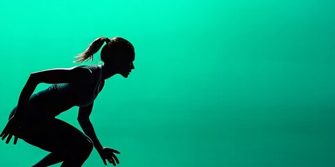 Sportswoman strides with speed in a dynamic pose over a vivid green screen, lit by studio lights to emphasize her athletic prowess.
