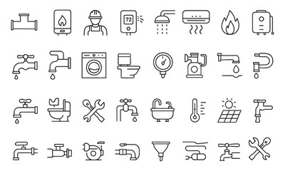 Plumbing and Heating Line Editable Icons Set, vector illustration of pipes, boiler, faucet, thermostat, wrench, radiator, air conditioner, water pump, repair tools, infographics, ventilation.
