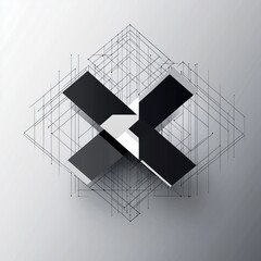 The black and white abstract artwork displays a structured yet fluid arrangement of geometric shapes and grid lines, blending modern art elements with digital illustration techniques.