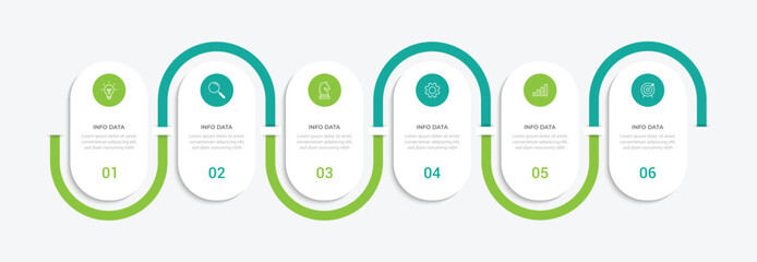 business infographic design with 6 parts or steps, containing icons, text, numbers vector