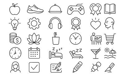 Lifestyle Line Editable Icons Set, wellness and fitness symbols, healthy routine, nutrition, gym, relaxation, daily activity, muscle training, personal growth, vector illustration.