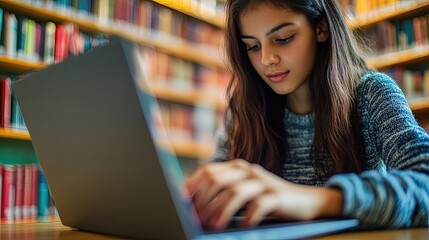 Close-up of a high school student's hands as she interacts with an online learning platform on her laptop in a university library
