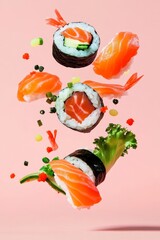 Dynamic sushi explosion: salmon, avocado, seaweed, rice, and fresh ingredients on pink background
