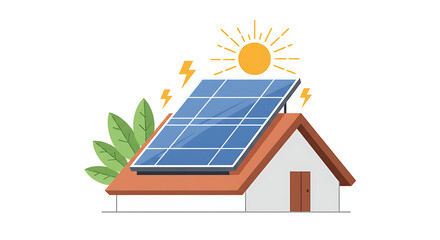 Flat Vector Illustration of Solar Panel on House Roof with Sun Rays — Renewable Residential Energy Concept