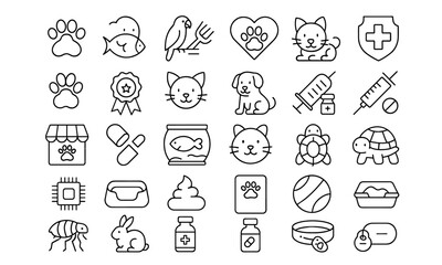 Pets Line Editable Icons Set, Veterinary, Grooming, Dog, Cat, Animal Care, Pet Accessories, Infographic, Mobile App UI, Minimalist Outline Vector Illustration, Pet Shop, Animal Clinic.
