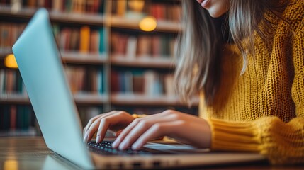 Close-up of a high school student's hands as she interacts with an online learning platform on her laptop in a university library