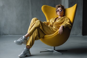 Golden Slumber: A stylish individual radiates an air of serenity, reclining comfortably in a plush yellow armchair. The scene exudes an aura of modern luxury.