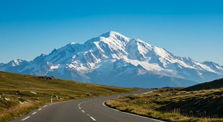 Scenic Road Leading to a Majestic Snow Capped Mountain Under a Clear Blue Sky