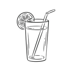 Hand drawn glass of lemonade with lemon and straw illustration