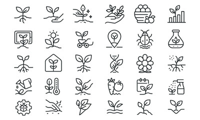 Fototapeta premium Agriculture Line Editable Icons Set. Vector illustration of farming, seedling, harvest, pest, compost, greenhouse, watering, plant care, gmo, gardening, smart farming, sprouting, bug, drone.