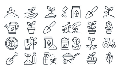 Gardening Line Editable Icons Set, vector illustration in thin line style showing horticulture, plant care, soil quality, compost, greenhouse, cultivation stages, organic farming, watering, png.