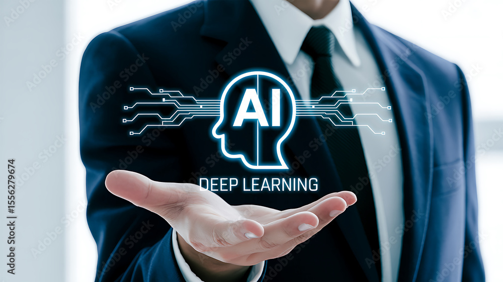 Poster businessman presenting artificial intelligence and deep learning concepts with a futuristic neural n