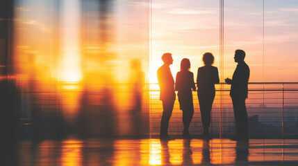 Silhouetted business team stands looking out large office at sunset, discussing strategic plans and future growth in a modern setting with reflections.